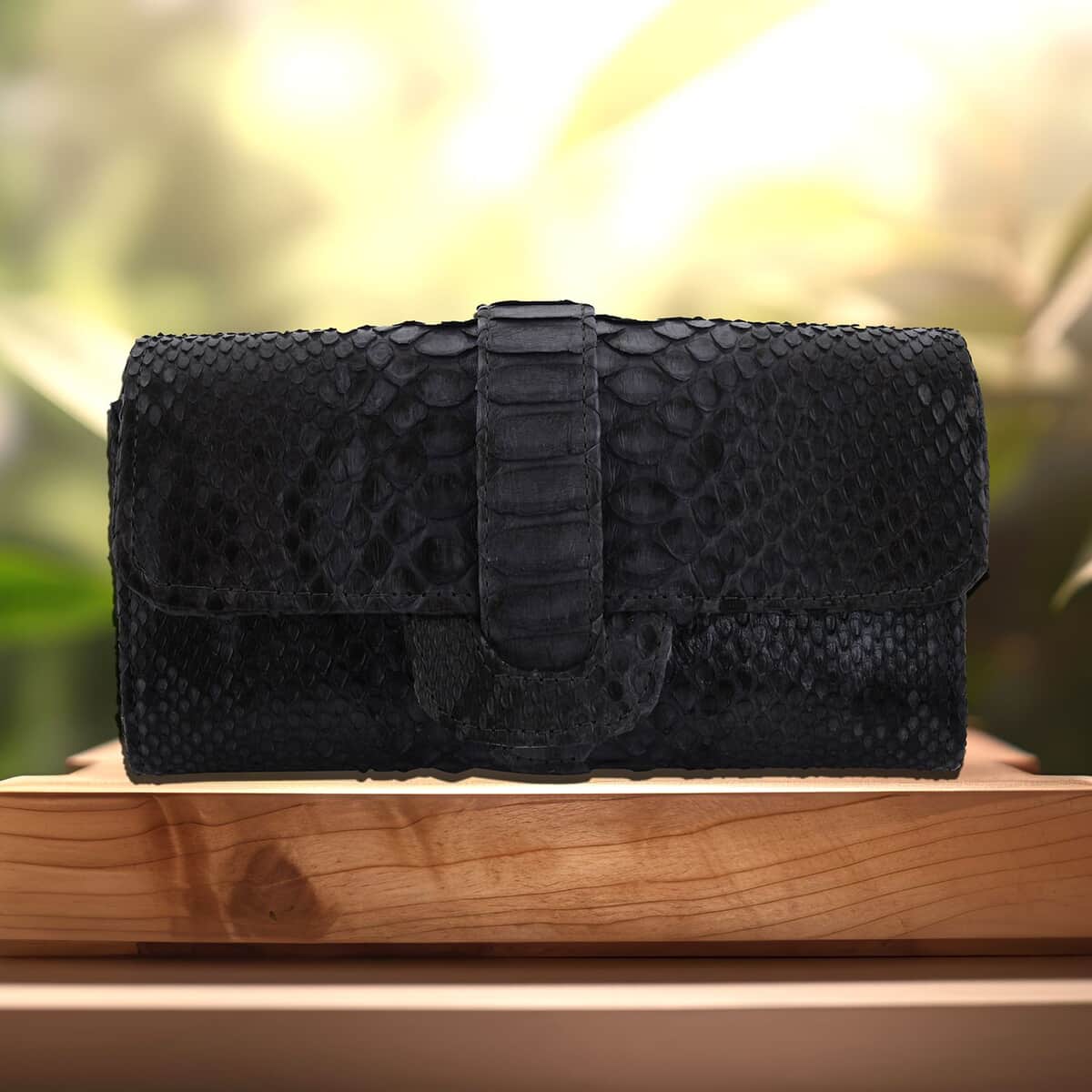 The Grand Pelle Handcrafted Black Color Genuine Python Leather Crossbody Wallet (7.50x1.60x4.30) image number 1