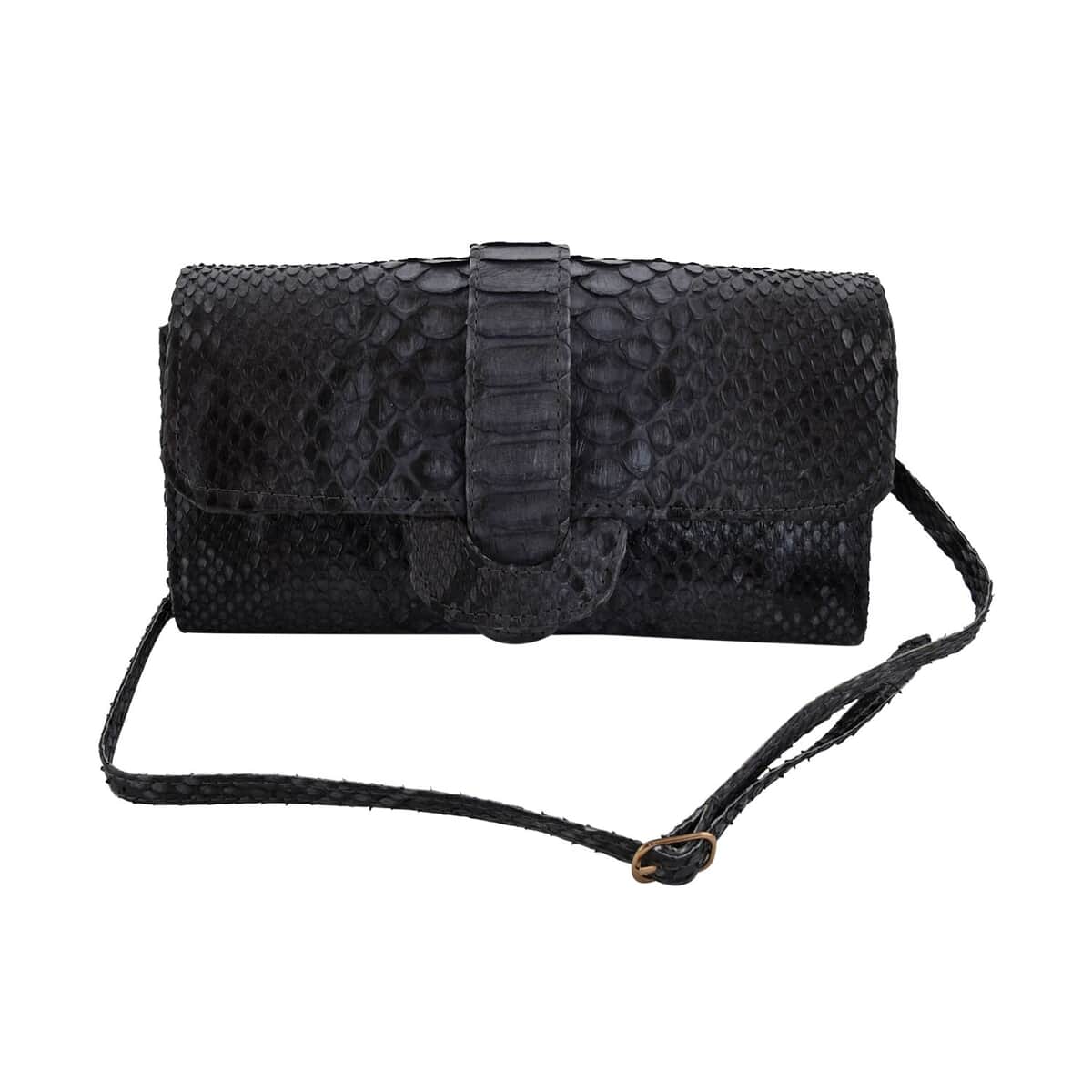 The Grand Pelle Handcrafted Black Color Genuine Python Leather Crossbody Wallet (7.50x1.60x4.30) image number 4