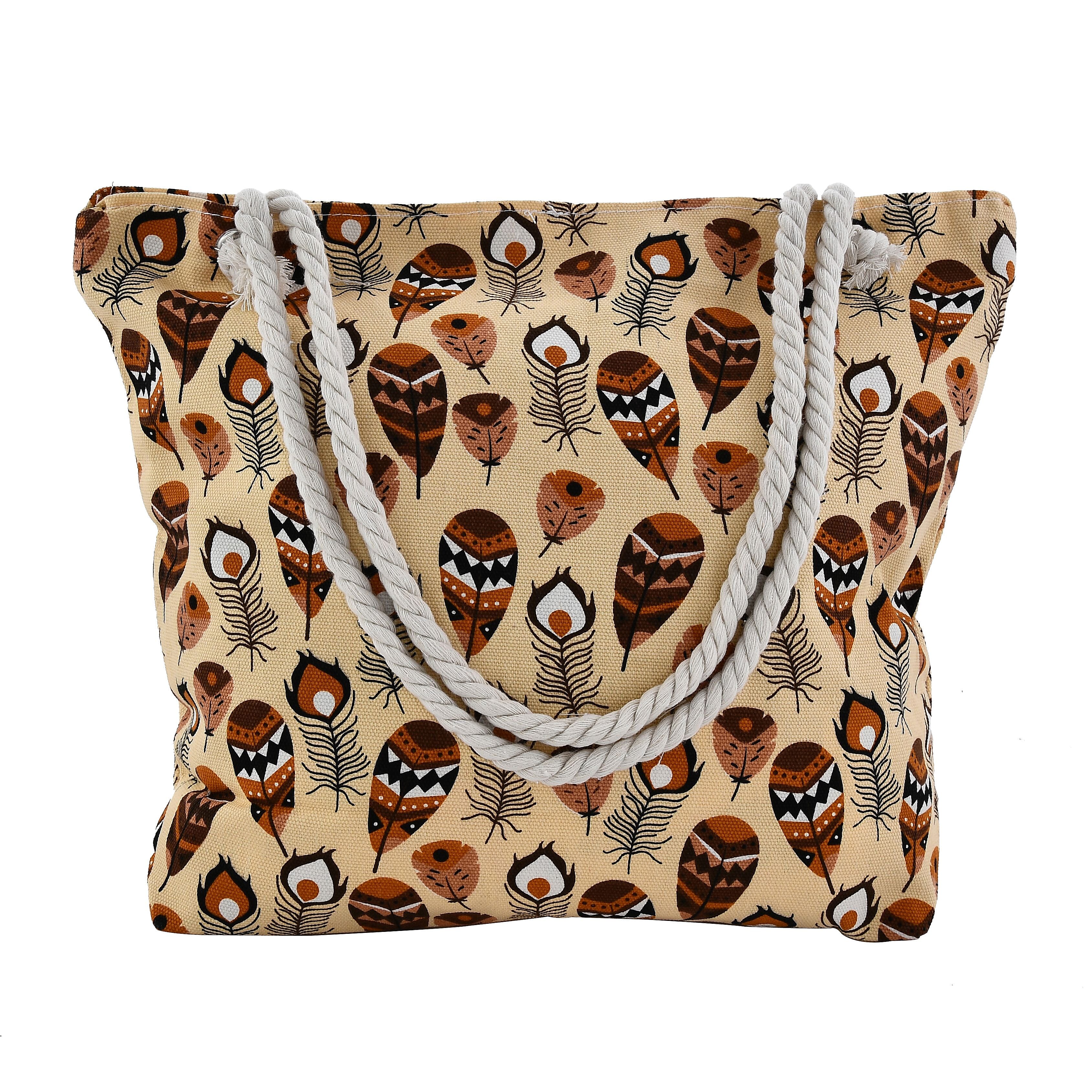 Cream Feather Pattern Canvas Tote Bag