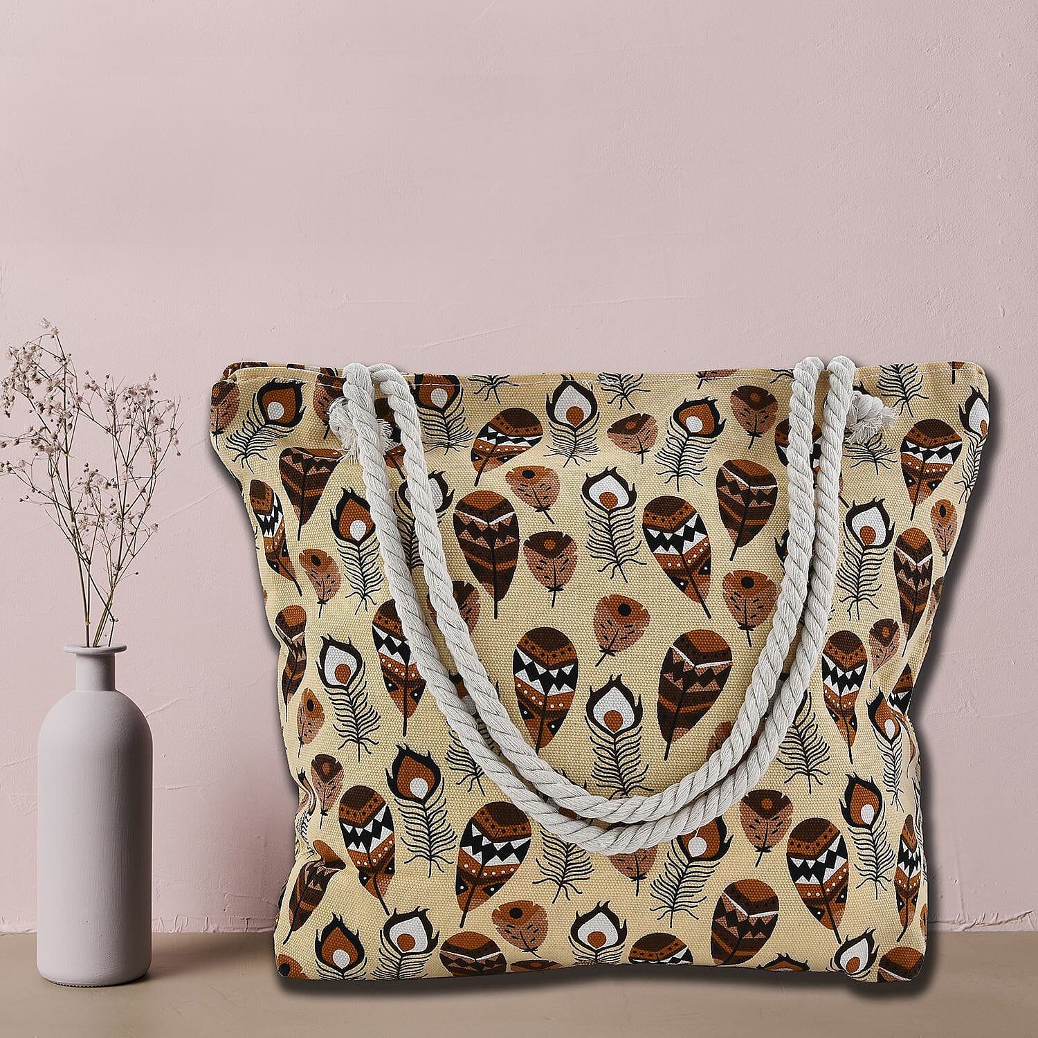 Cream Feather Pattern Canvas Tote Bag