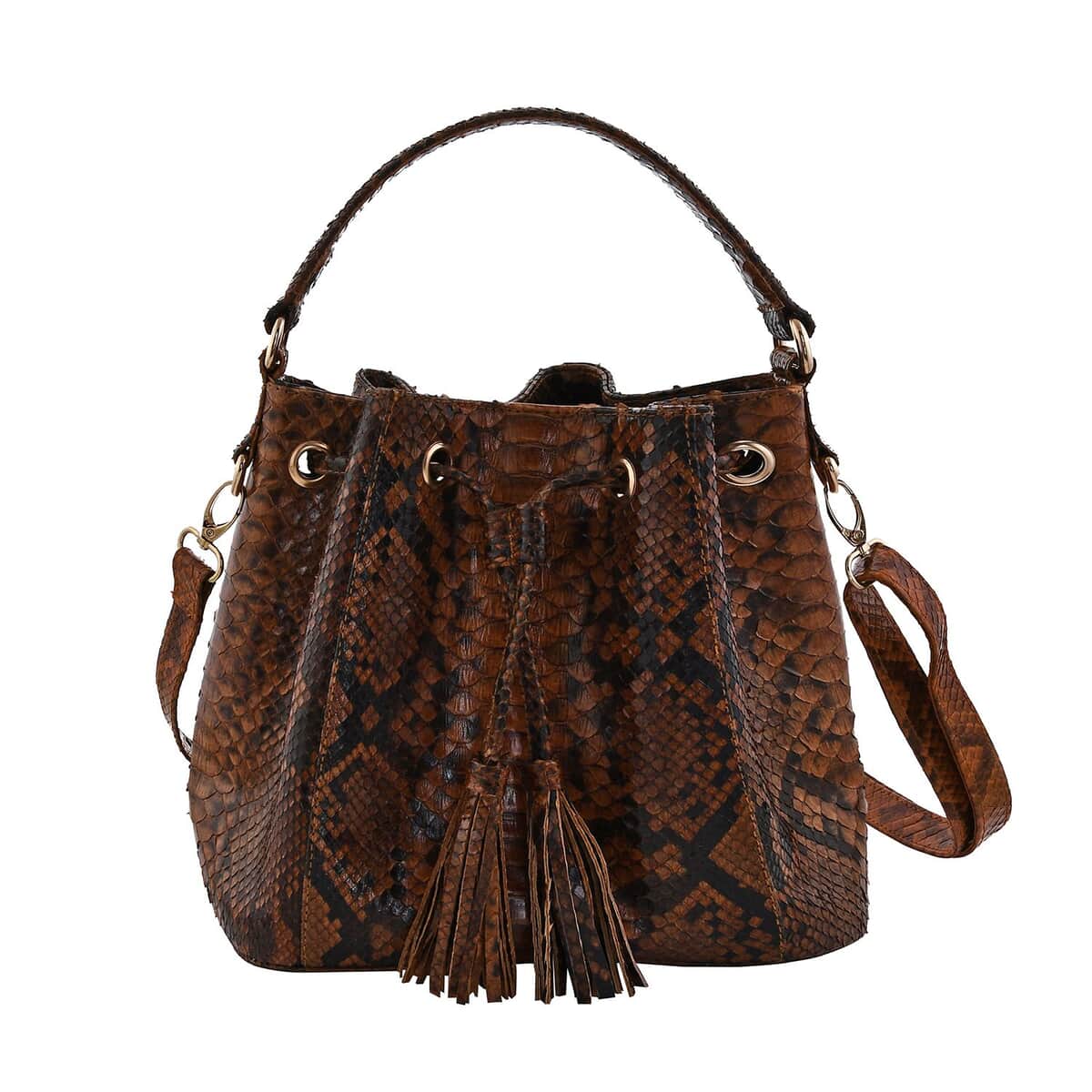The Grand Pelle Handcrafted Brown Genuine Python Leather Bucket Bag, Large Bucket Handbag For Women, Bucket Sling Bag With Adjustable Detachable Strap And Drawstring image number 0