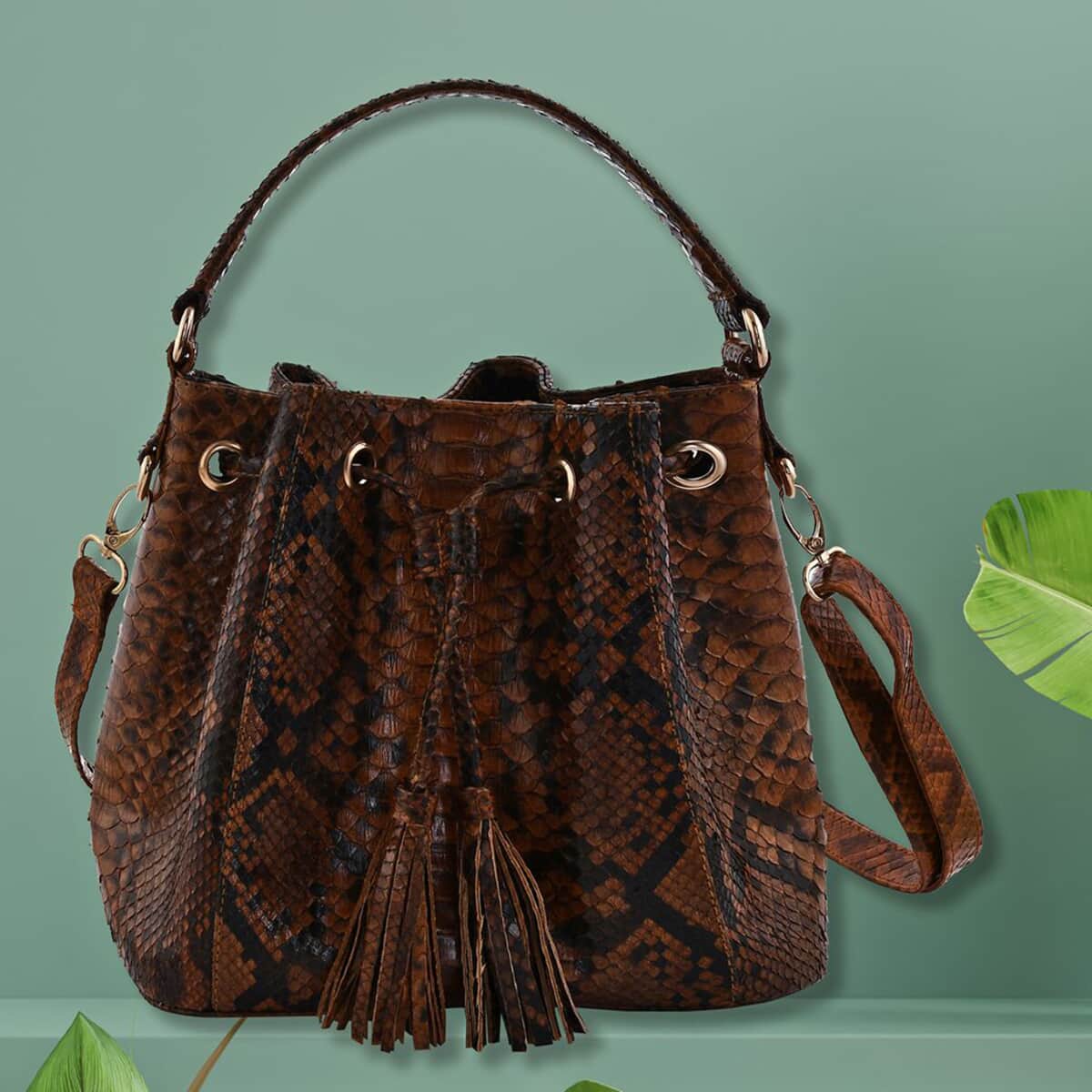 The Grand Pelle Handcrafted Brown Genuine Python Leather Bucket Bag, Large Bucket Handbag For Women, Bucket Sling Bag With Adjustable Detachable Strap And Drawstring image number 1