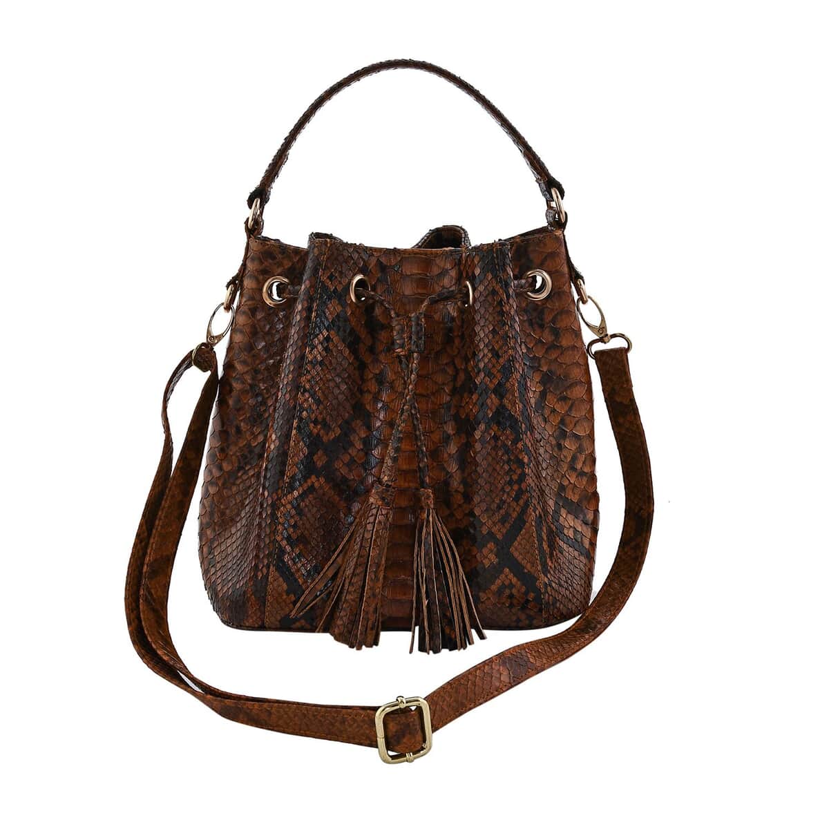 The Grand Pelle Handcrafted Brown Genuine Python Leather Bucket Bag, Large Bucket Handbag For Women, Bucket Sling Bag With Adjustable Detachable Strap And Drawstring image number 2