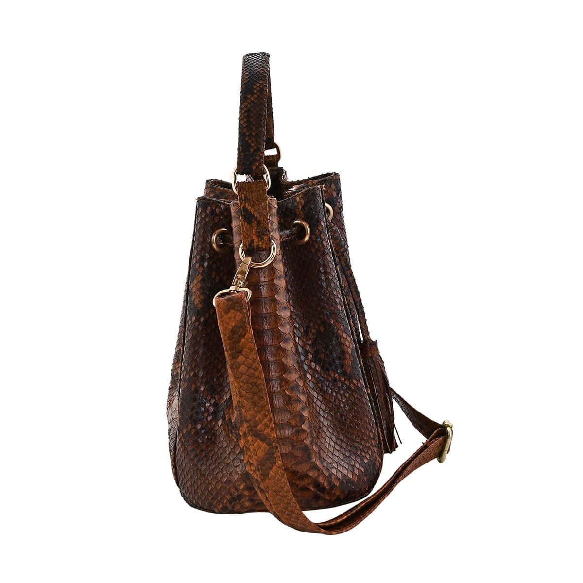 The Grand Pelle Handcrafted Brown Genuine Python Leather Bucket Bag, Large Bucket Handbag For Women, Bucket Sling Bag With Adjustable Detachable Strap And Drawstring image number 3
