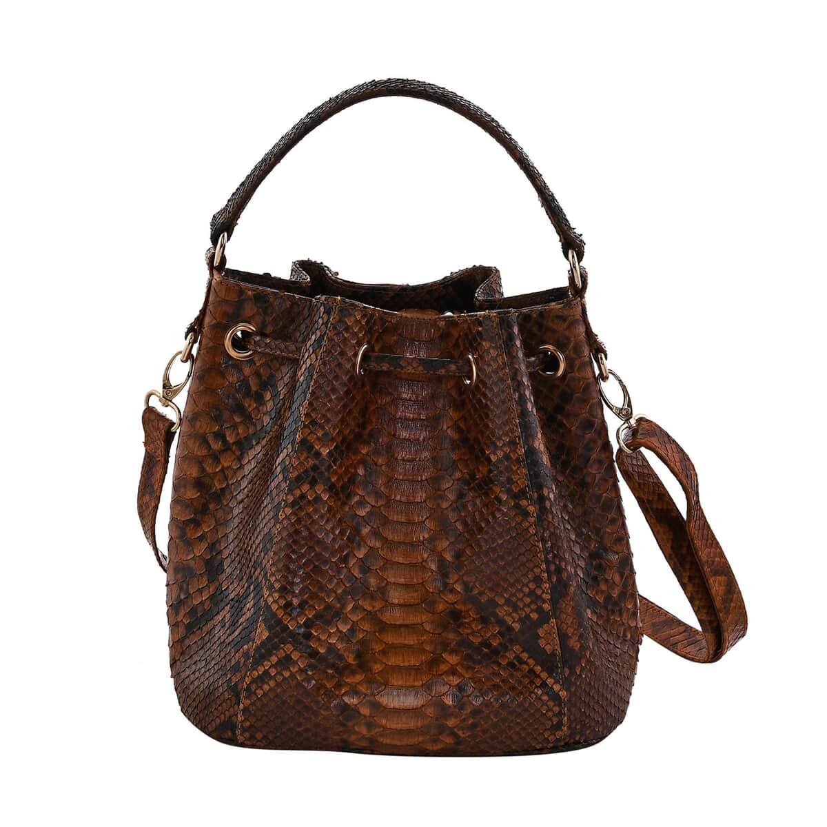 The Grand Pelle Handcrafted Brown Genuine Python Leather Bucket Bag, Large Bucket Handbag For Women, Bucket Sling Bag With Adjustable Detachable Strap And Drawstring image number 4