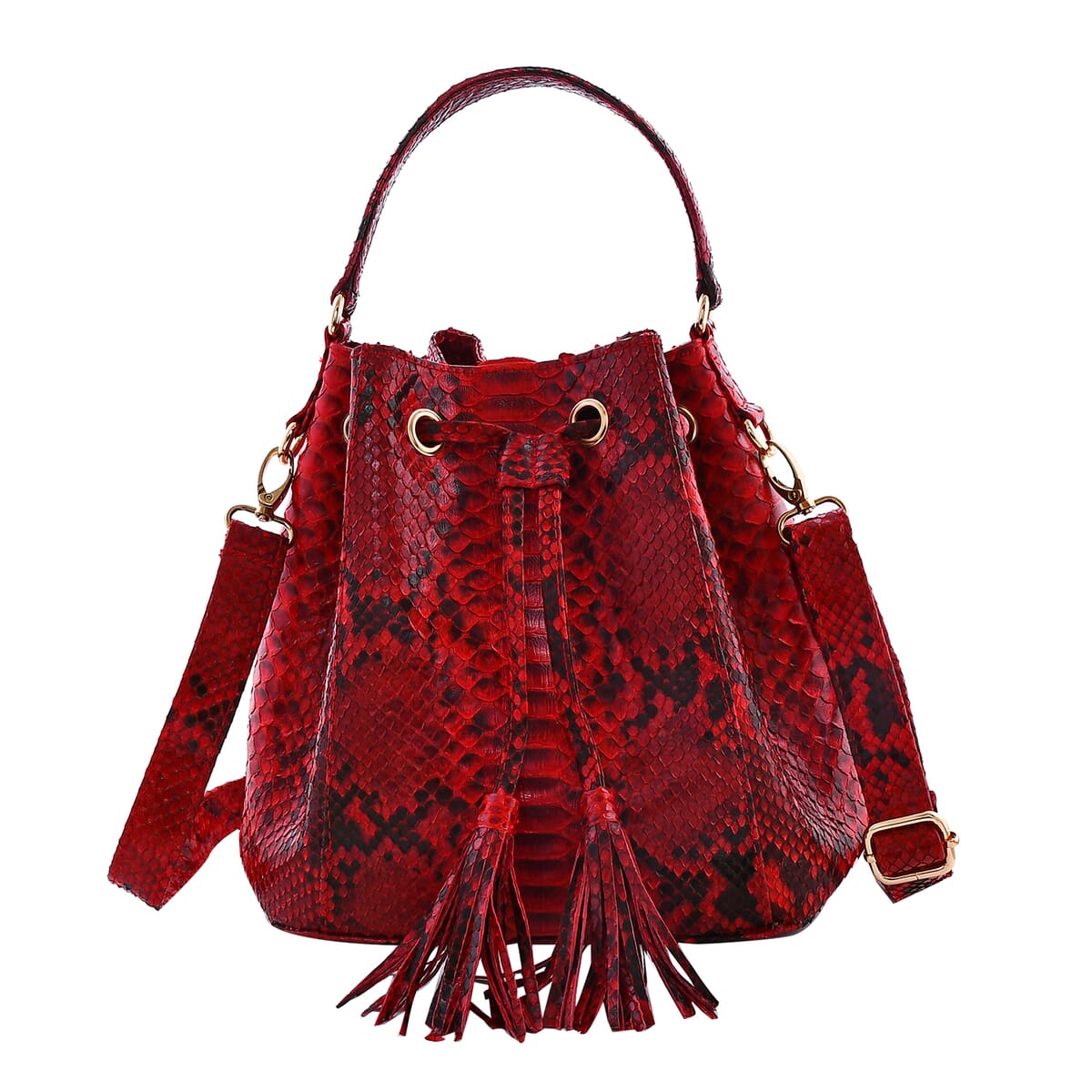 The Grand Pelle Handcrafted Red Color Genuine Python Leather Bucket Bag image number 0