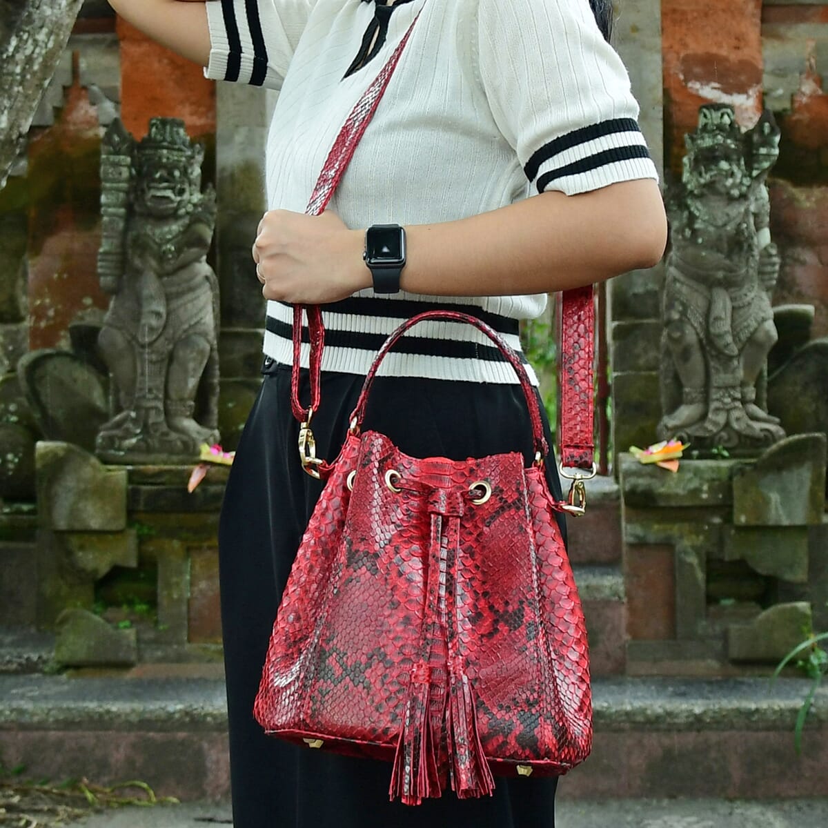 The Grand Pelle Handcrafted Red Color Genuine Python Leather Bucket Bag image number 1