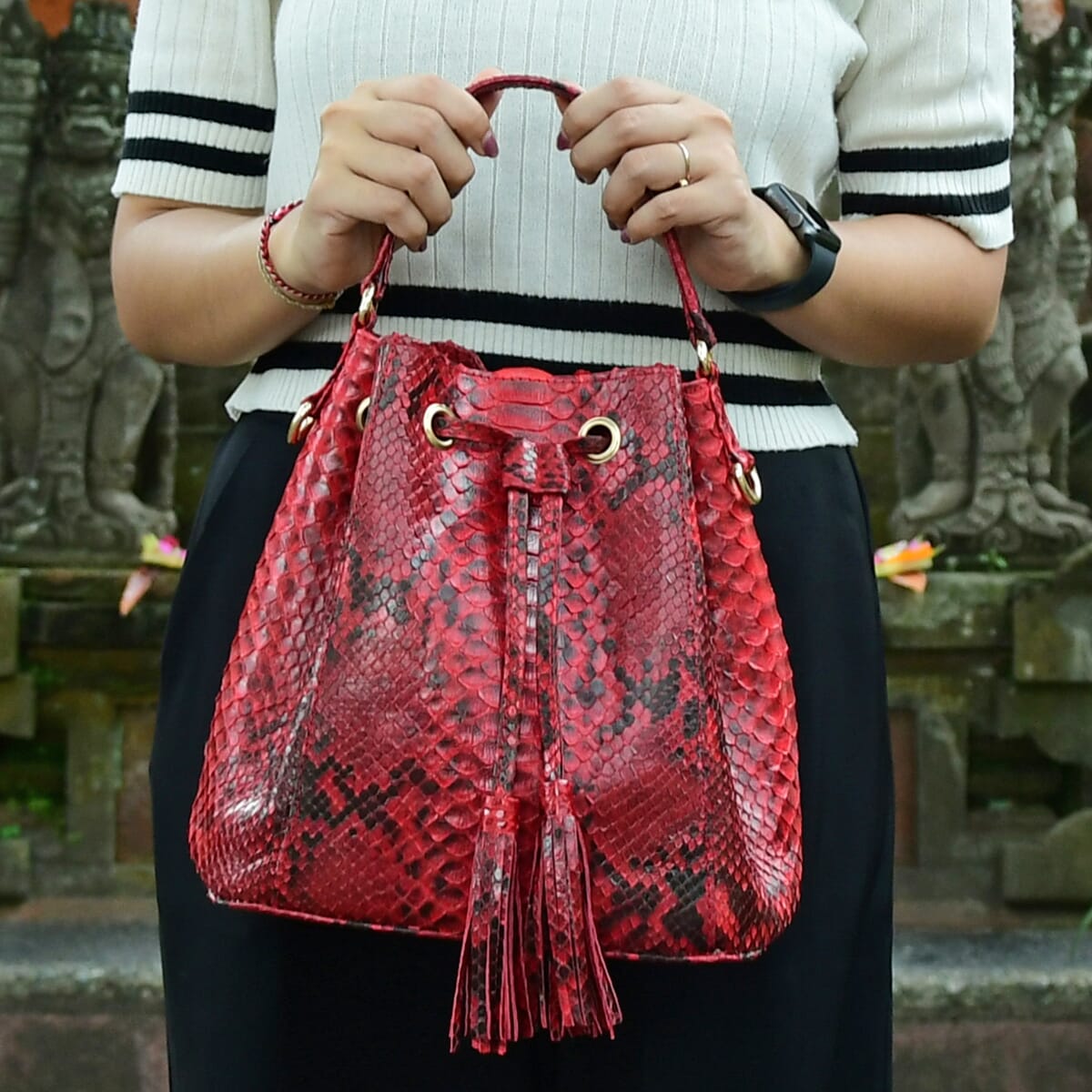 The Grand Pelle Handcrafted Red Color Genuine Python Leather Bucket Bag image number 2