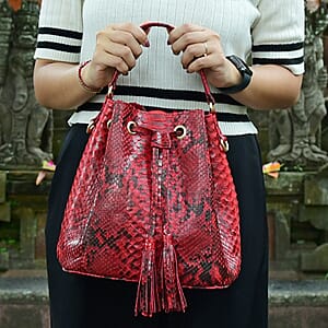 The Grand Pelle Handcrafted Red Color Genuine Python Leather Bucket Bag