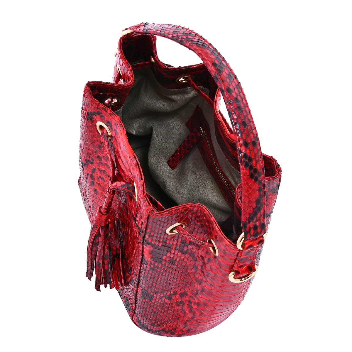 The Grand Pelle Handcrafted Red Color Genuine Python Leather Bucket Bag image number 6