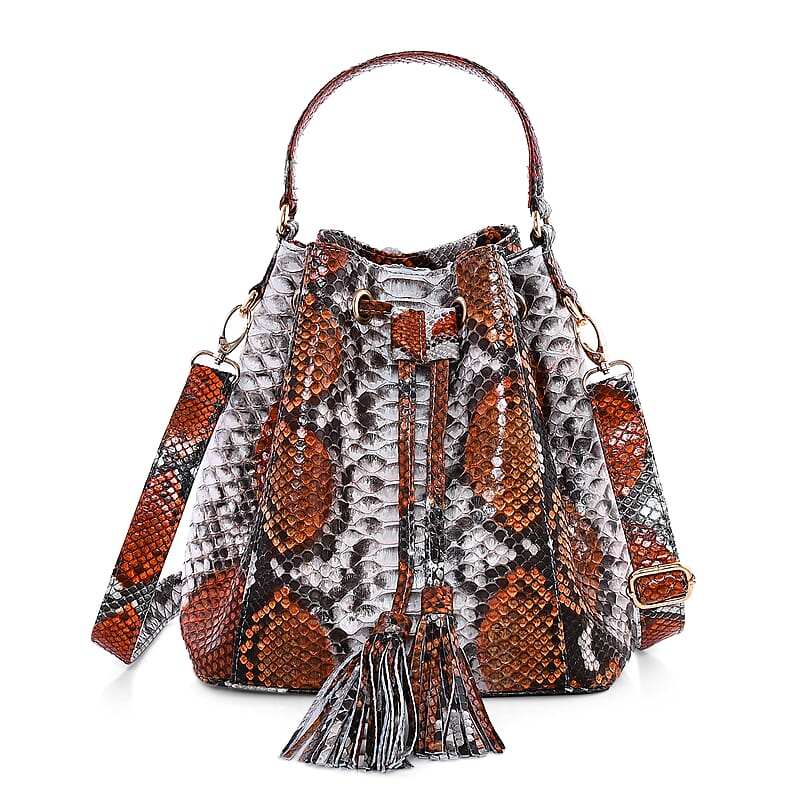 The Grand Pelle Handcrafted Light Brown & Gray Color Genuine Python Leather Bucket Bag