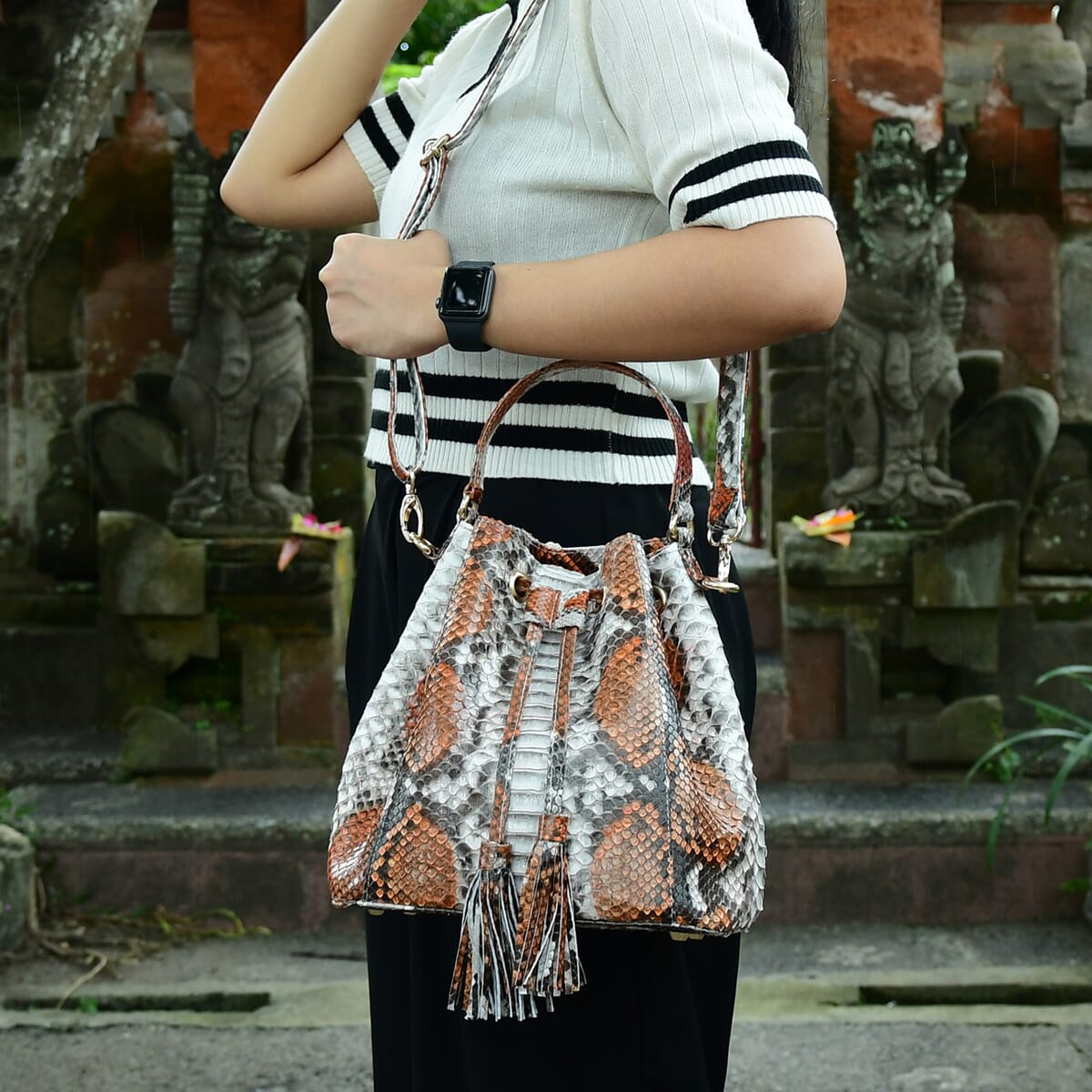 The Grand Pelle Handcrafted Light Brown & Gray Color Genuine Python Leather Bucket Bag image number 1