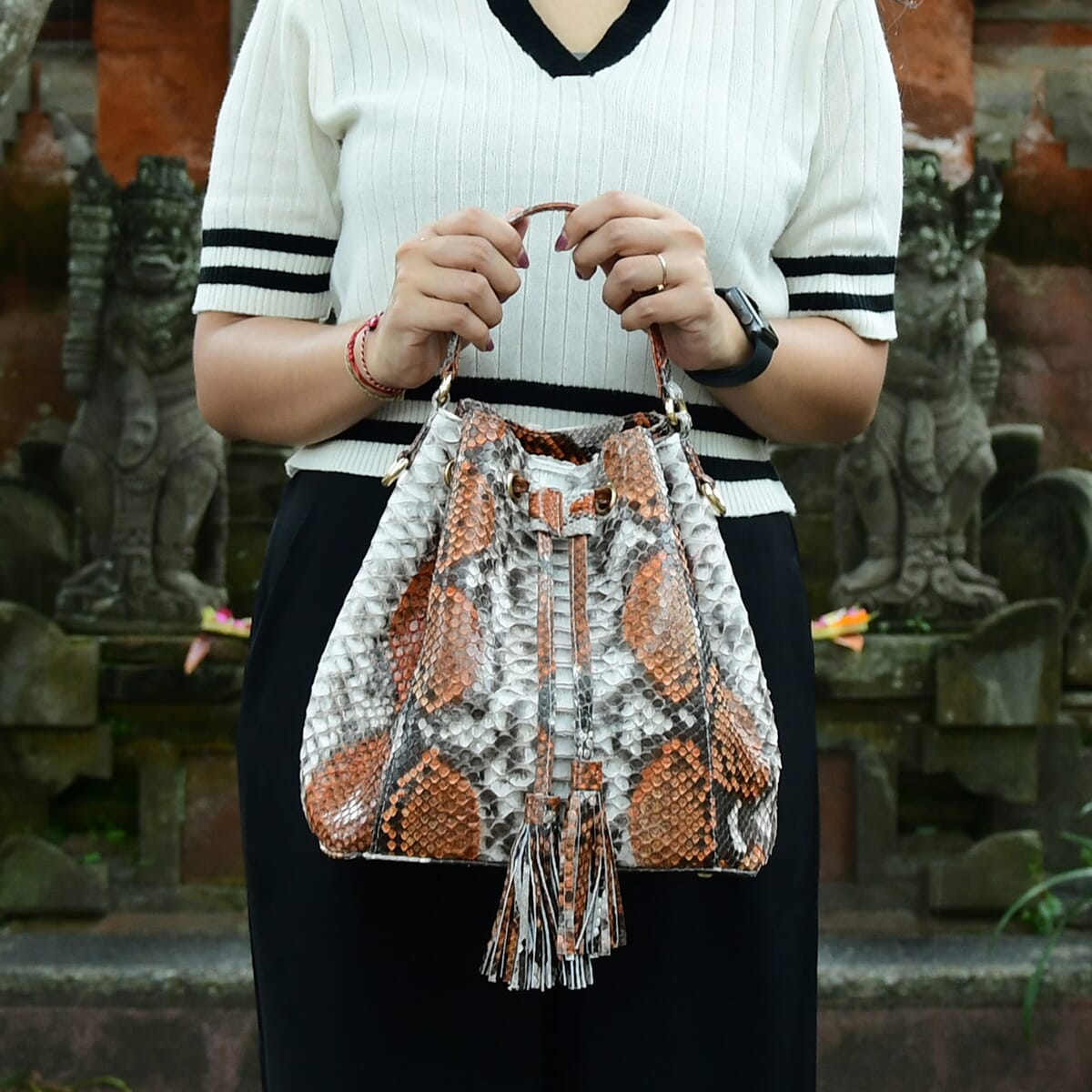 The Grand Pelle Handcrafted Light Brown & Gray Color Genuine Python Leather Bucket Bag image number 2