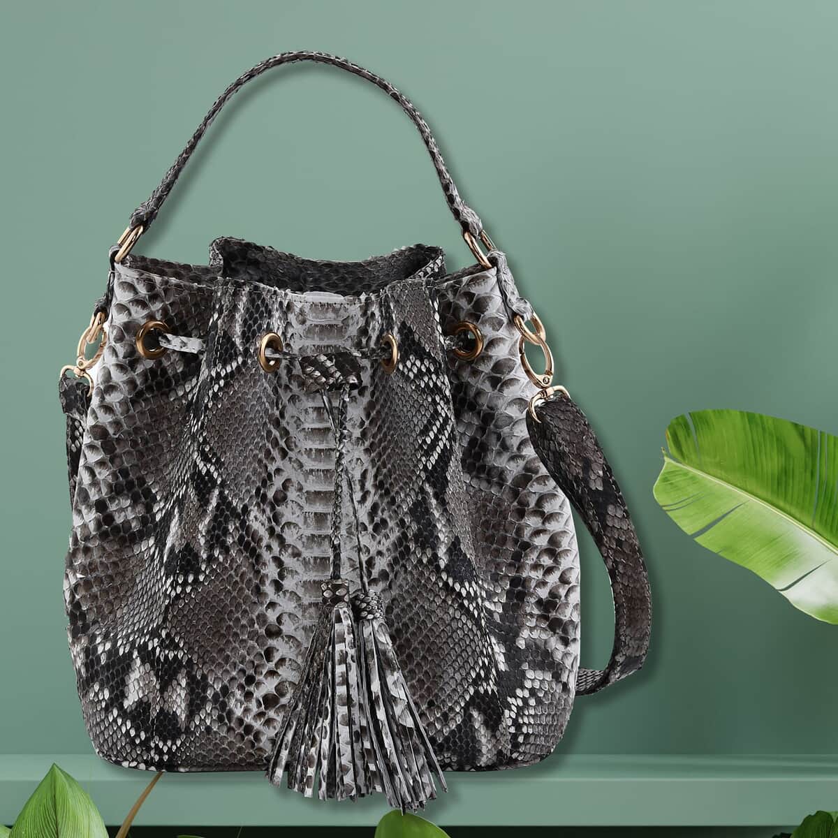 The Grand Pelle Handcrafted Natural Genuine Python Leather Bucket Bag, Large Bucket Handbag For Women, Bucket Sling Bag With Adjustable Detachable Strap And Drawstring image number 1