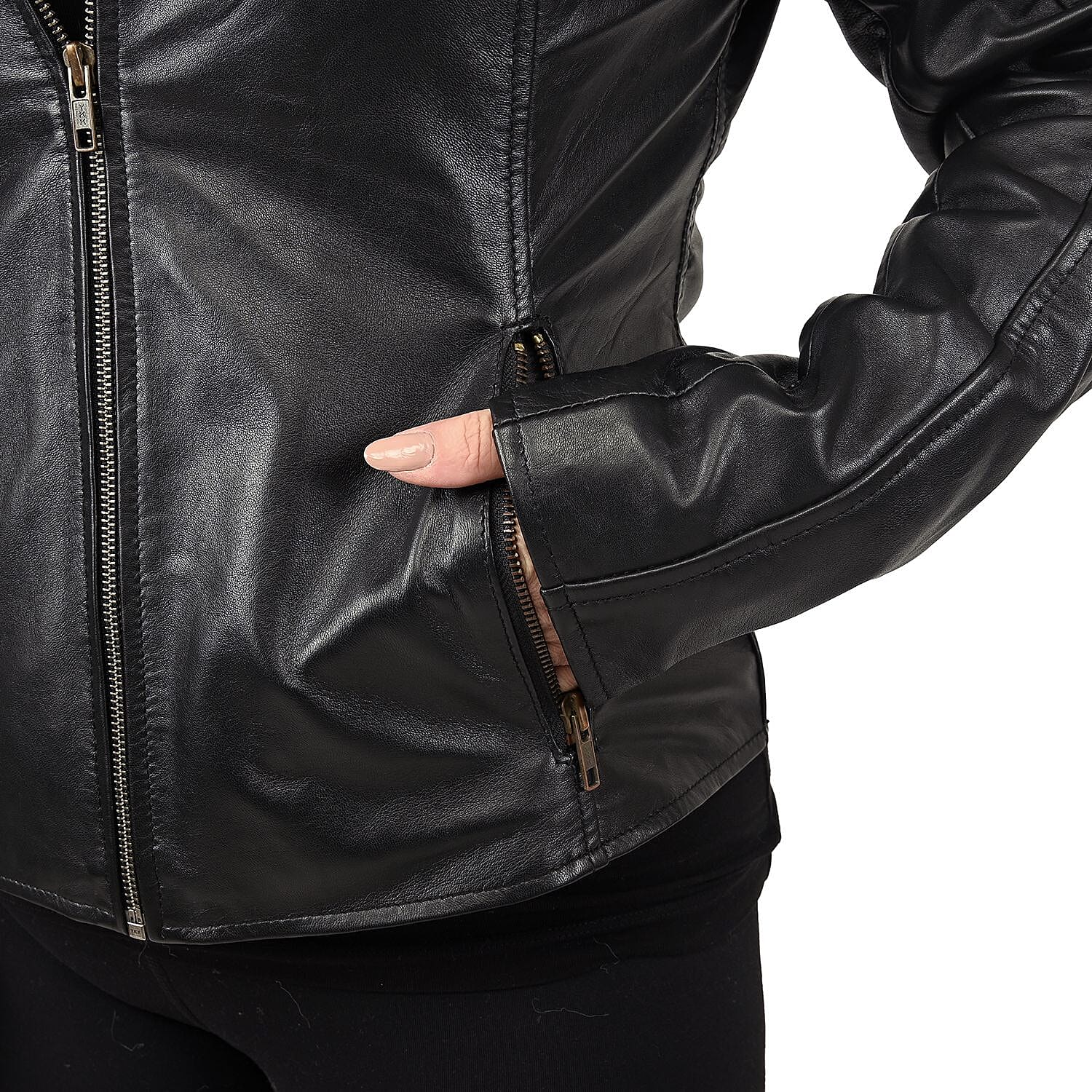 Black Genuine Sheep Leather Jacket with Two Side Pockets - S