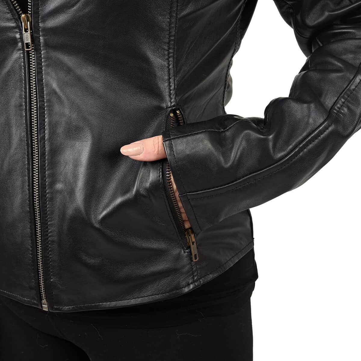 Black Genuine Sheep Leather Jacket with Two Side Pockets - S image number 3