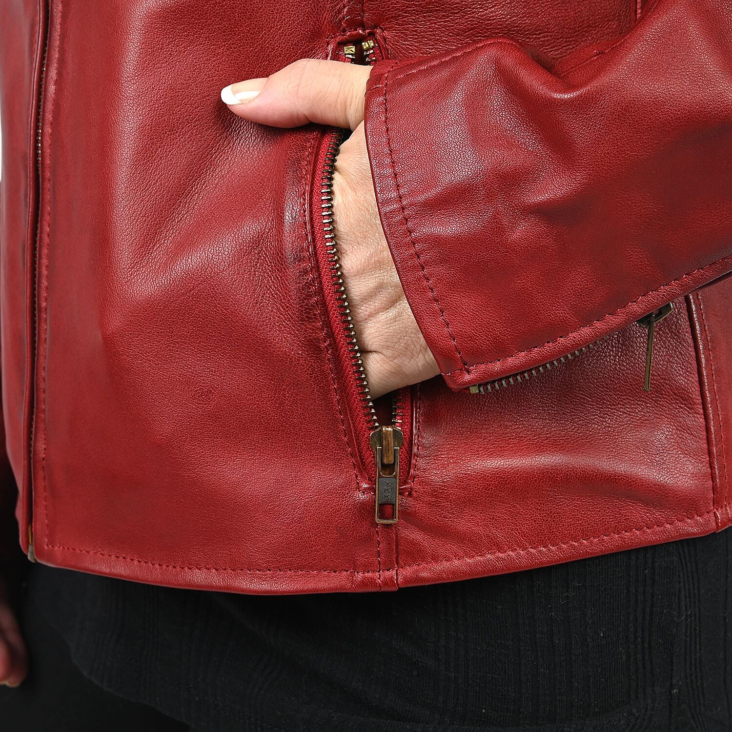 Buy Red Wax Genuine Sheep Leather Jacket with Two Side Pockets - L