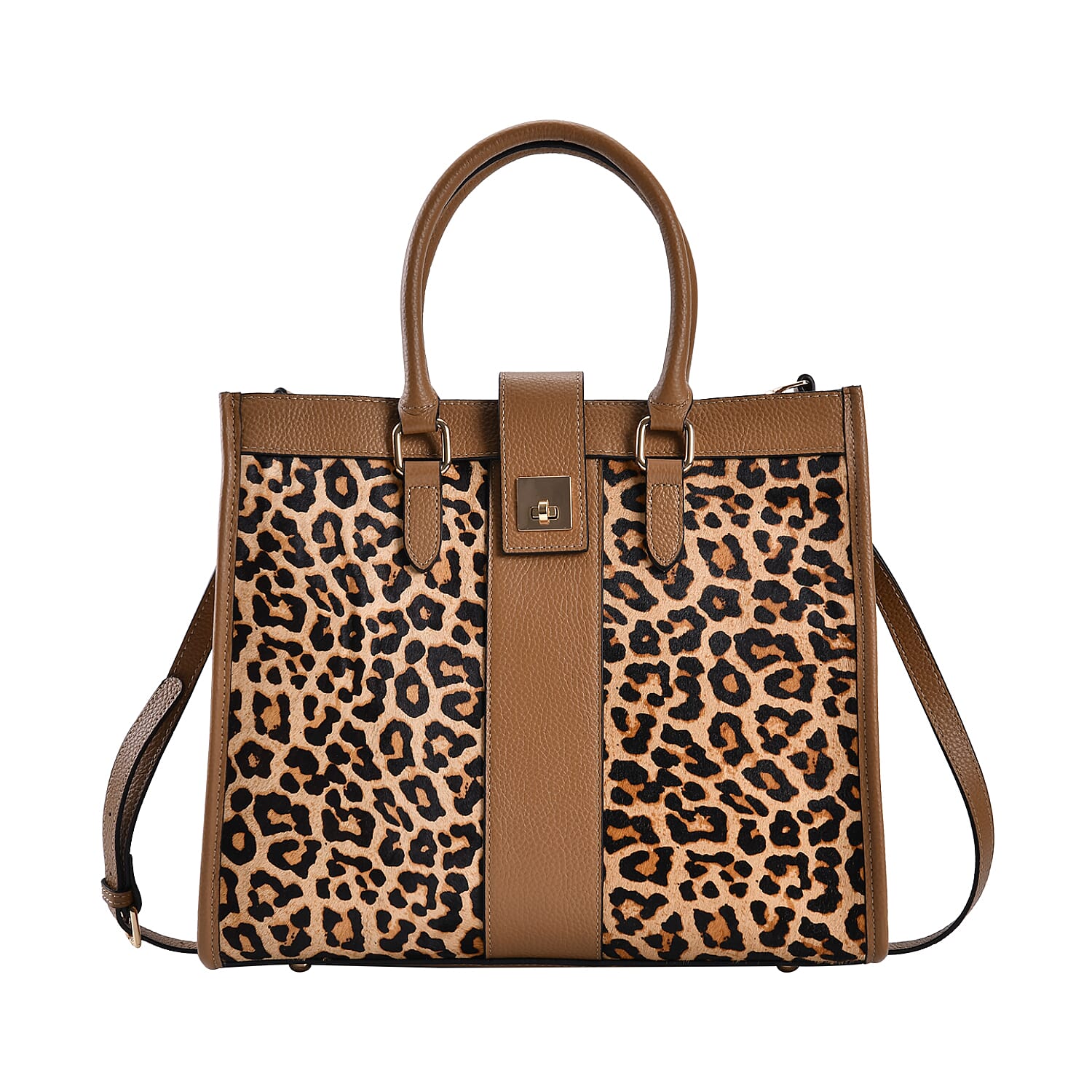 LA Marey Tan and Black Leopard Print Genuine Leather Tote Bag