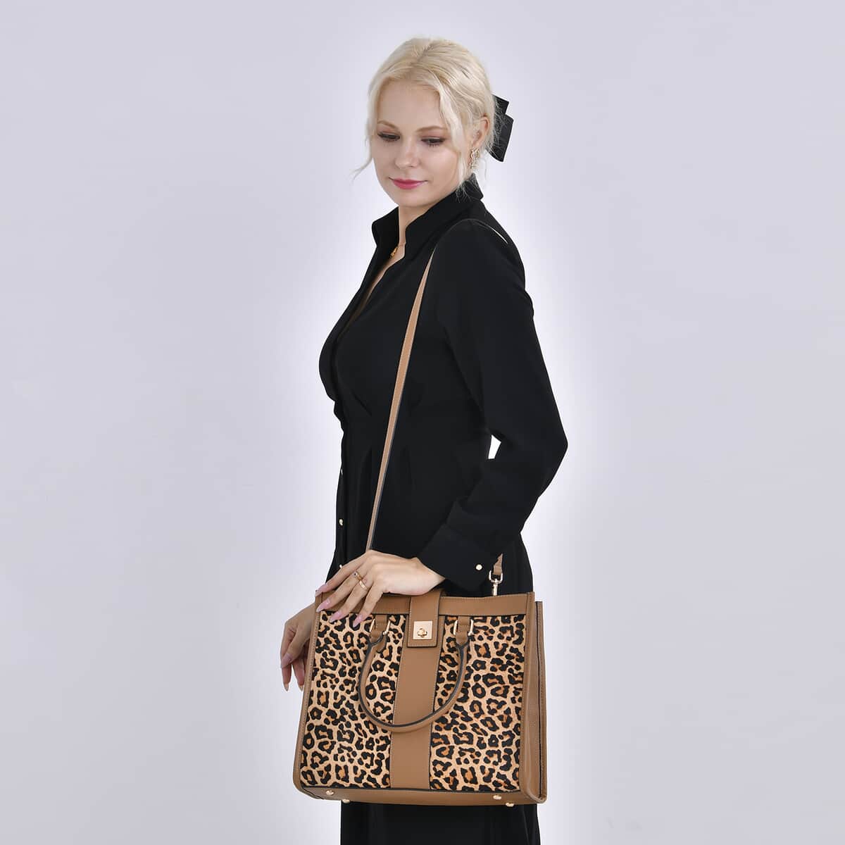 LA Marey Tan and Black Leopard Print Genuine Leather Tote Bag (13"x5.5"x0.8") image number 1