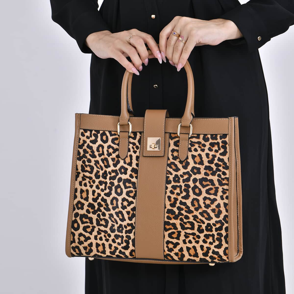 LA Marey Tan and Black Leopard Print Genuine Leather Tote Bag (13"x5.5"x0.8") image number 2