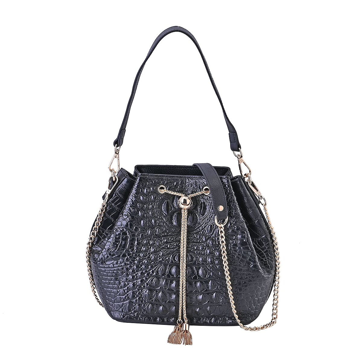 Black Croco Embossed Genuine Leather Bucket Bag (8.26"x4.33"x9.05") with Half Chain and Half Leather Strap image number 0