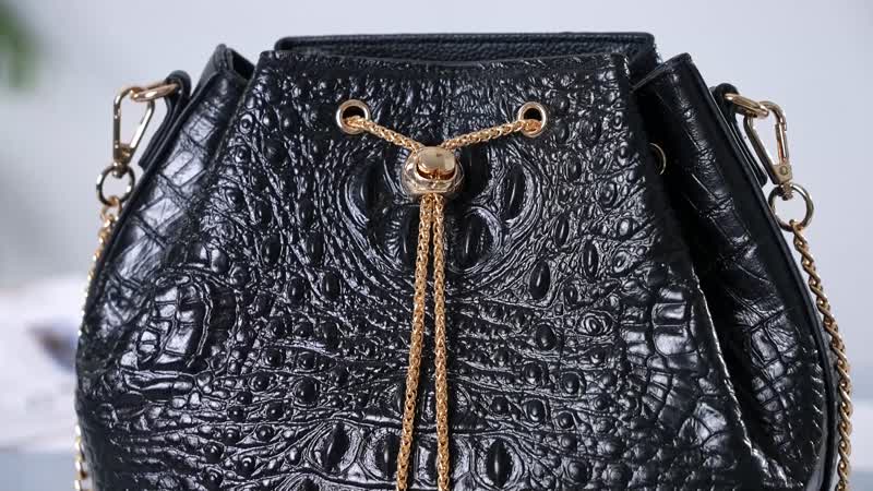 Black Croco Embossed Genuine Leather Bucket Bag (8.26"x4.33"x9.05") with Half Chain and Half Leather Strap
