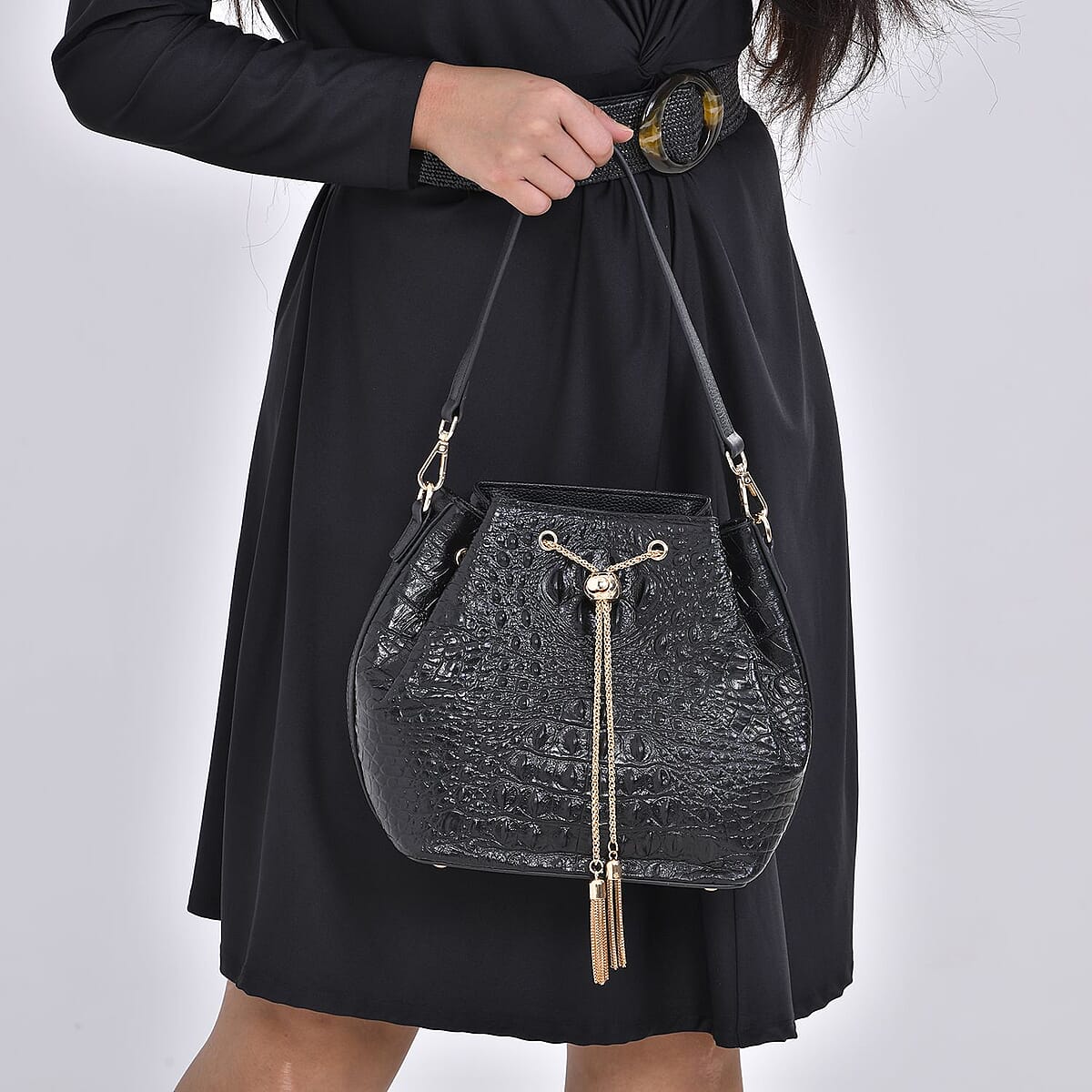 Black Croco Embossed Genuine Leather Bucket Bag (8.26"x4.33"x9.05") with Half Chain and Half Leather Strap image number 2