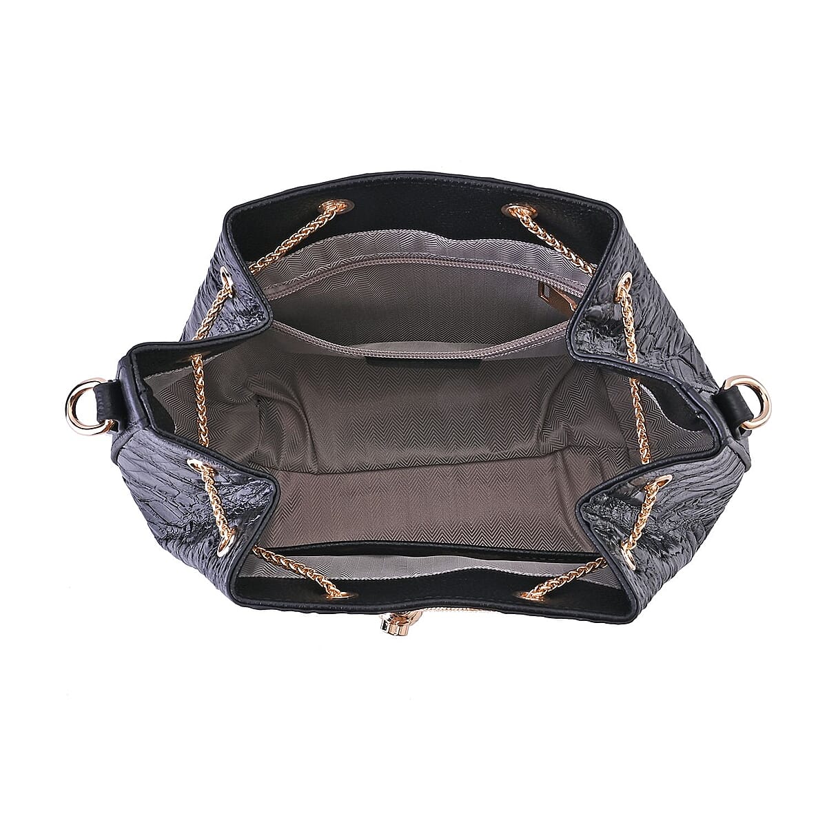 Black Croco Embossed Genuine Leather Bucket Bag (8.26"x4.33"x9.05") with Half Chain and Half Leather Strap image number 4