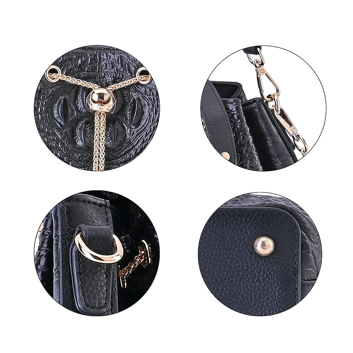 Black Croco Embossed Genuine Leather Bucket Bag (8.26"x4.33"x9.05") with Half Chain and Half Leather Strap image number 5