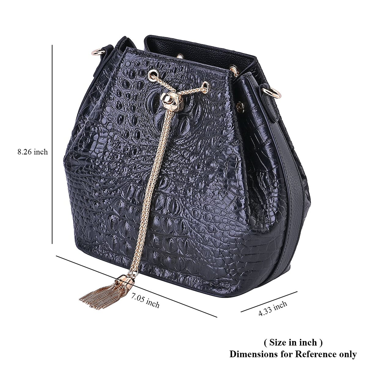 Black Croco Embossed Genuine Leather Bucket Bag (8.26"x4.33"x9.05") with Half Chain and Half Leather Strap image number 6