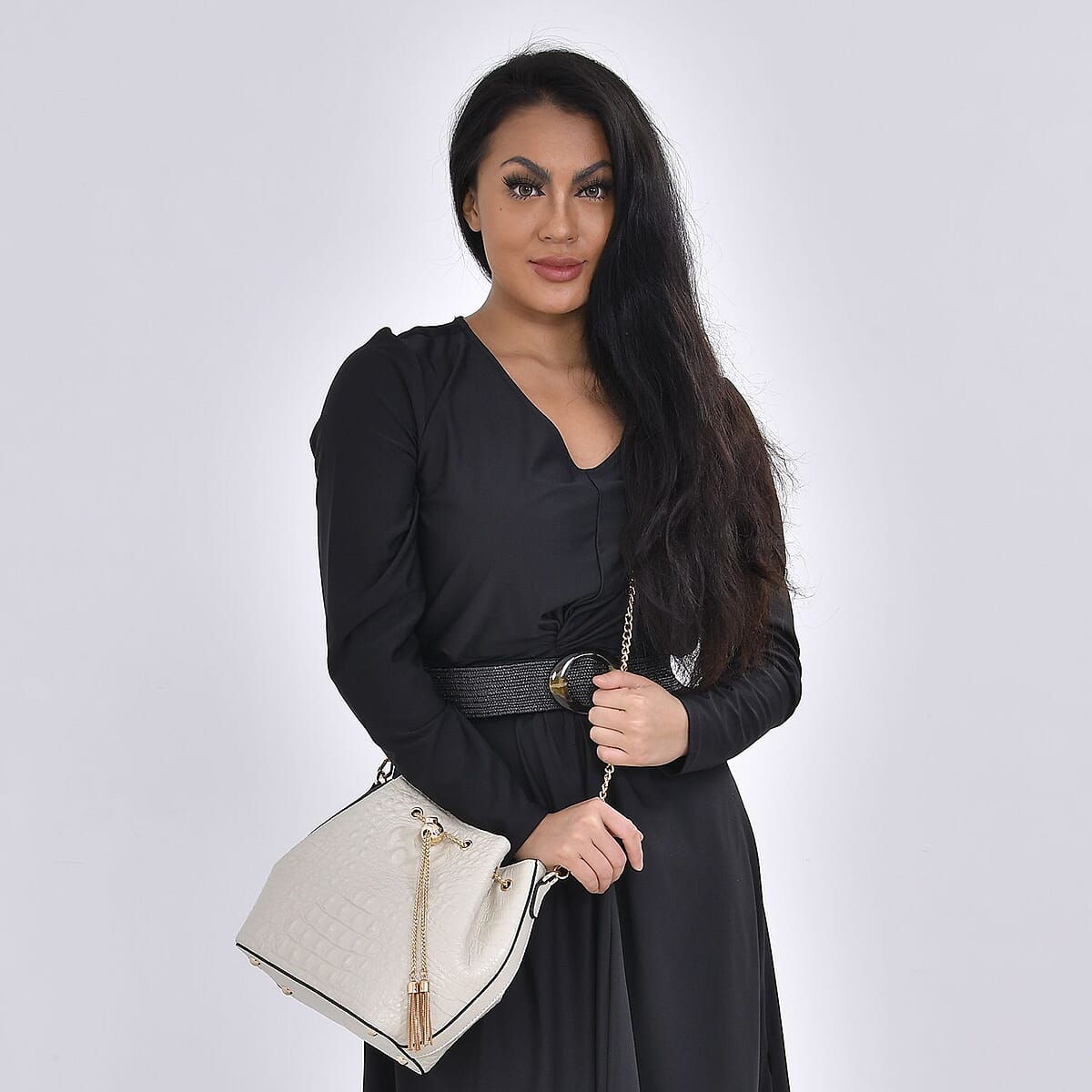 White Croco Embossed Genuine Leather Bucket Bag with Half Chain and Half Leather Strap image number 1