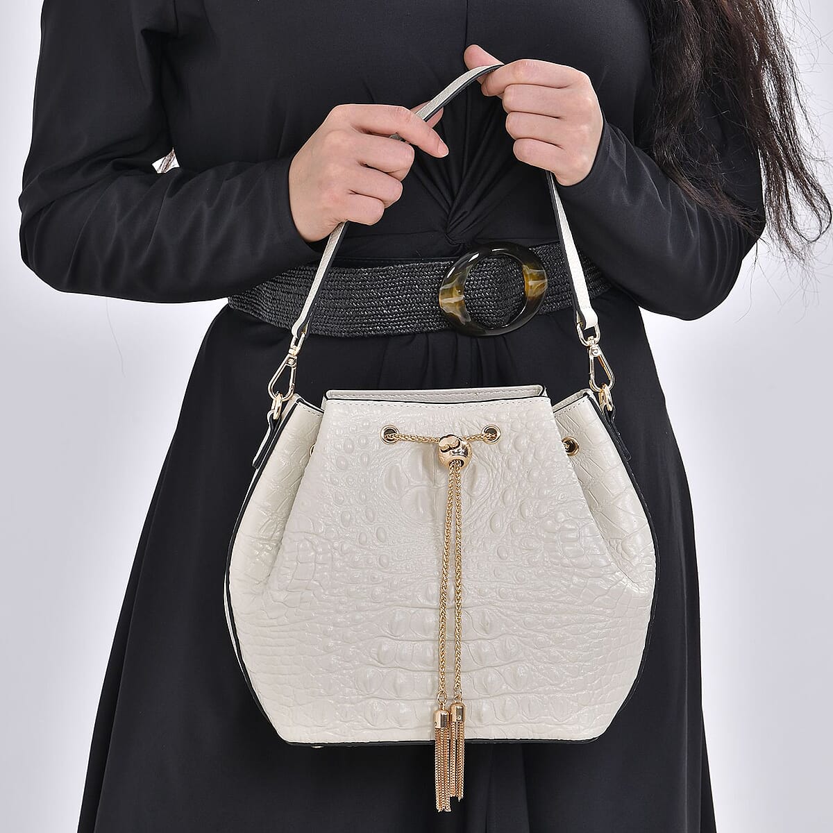 White Croco Embossed Genuine Leather Bucket Bag with Half Chain and Half Leather Strap image number 2