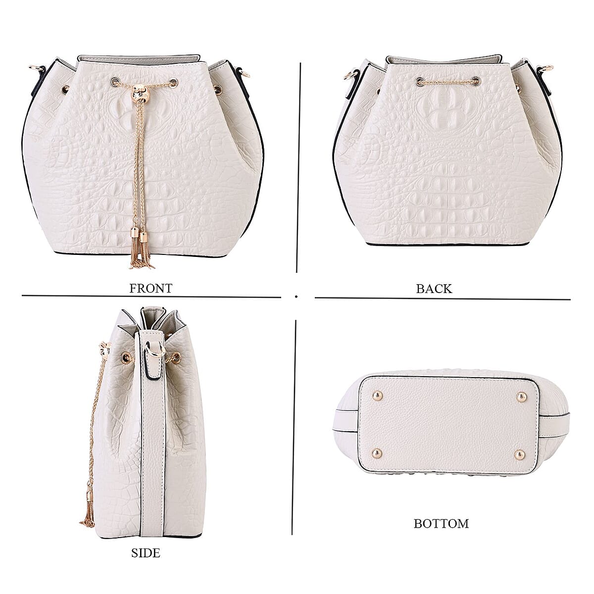 White Croco Embossed Genuine Leather Bucket Bag with Half Chain and Half Leather Strap image number 3