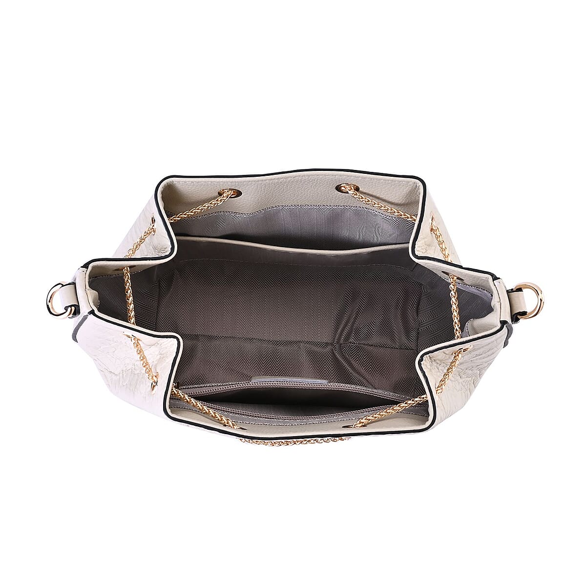 White Croco Embossed Genuine Leather Bucket Bag with Half Chain and Half Leather Strap image number 4