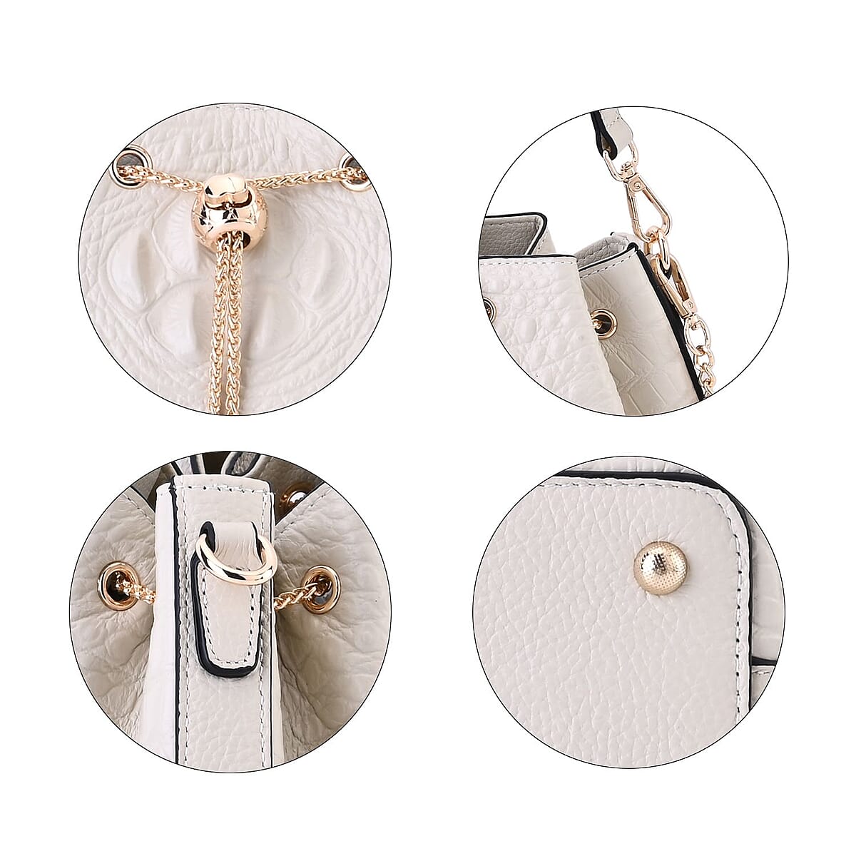 White Croco Embossed Genuine Leather Bucket Bag with Half Chain and Half Leather Strap image number 5