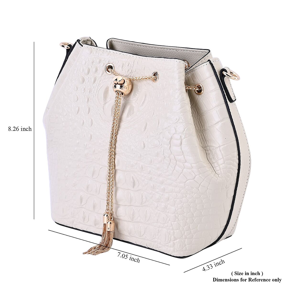 White Croco Embossed Genuine Leather Bucket Bag with Half Chain and Half Leather Strap image number 6