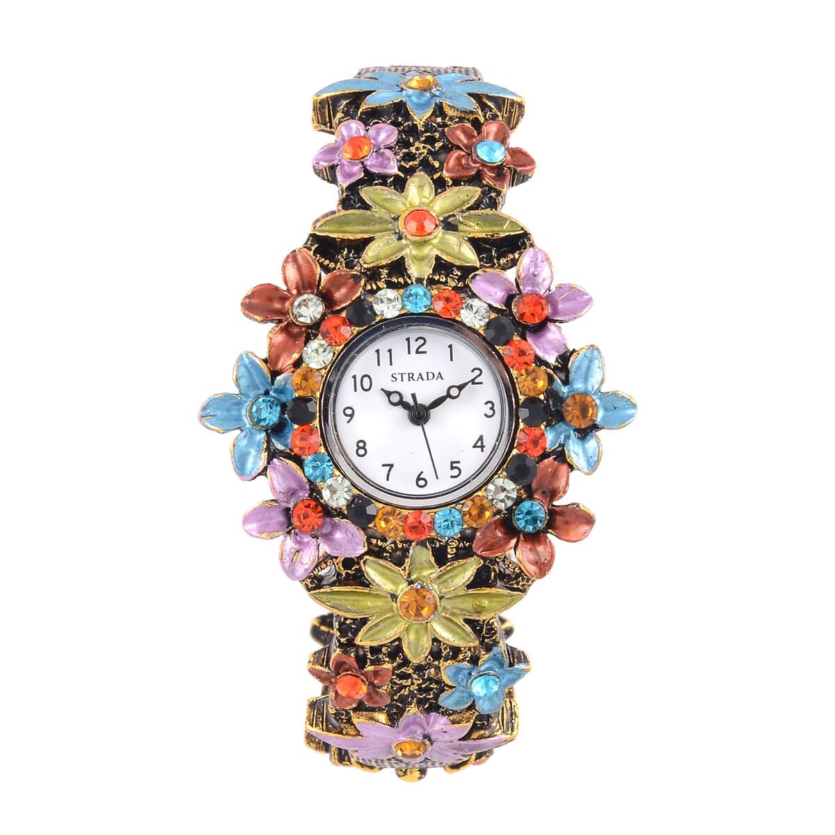 Strada Multi Color Austrian Crystal Japanese Movement Flower Pattern Bangle Watch in Black Oxidized Bronze Plating (39.37 mm) (6.50-6.75 Inches) image number 0