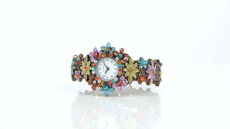 Strada Multi Color Austrian Crystal Japanese Movement Flower Pattern Bangle Watch in Black Oxidized Bronze Plating (39.37 mm) (6.50-6.75 Inches)