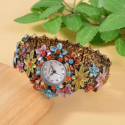 Strada Multi Color Austrian Crystal Japanese Movement Flower Pattern Bangle Watch in Black Oxidized Bronze Plating (39.37 mm) (6.50-6.75 Inches)