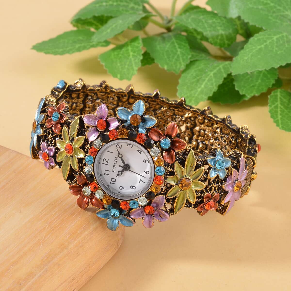 Strada Multi Color Austrian Crystal Japanese Movement Flower Pattern Bangle Watch in Black Oxidized Bronze Plating (39.37 mm) (6.50-6.75 Inches) image number 1