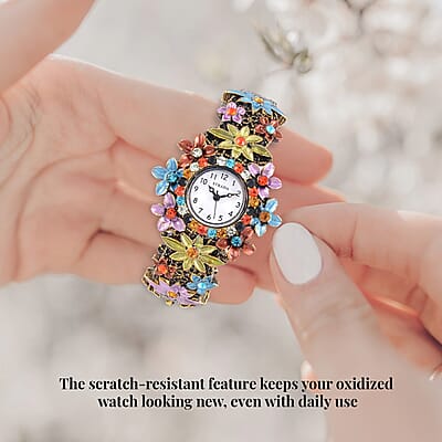 Strada Multi Color Austrian Crystal Japanese Movement Flower Pattern Bangle Watch in Black Oxidized Bronze Plating (39.37 mm) (6.50-6.75 Inches)
