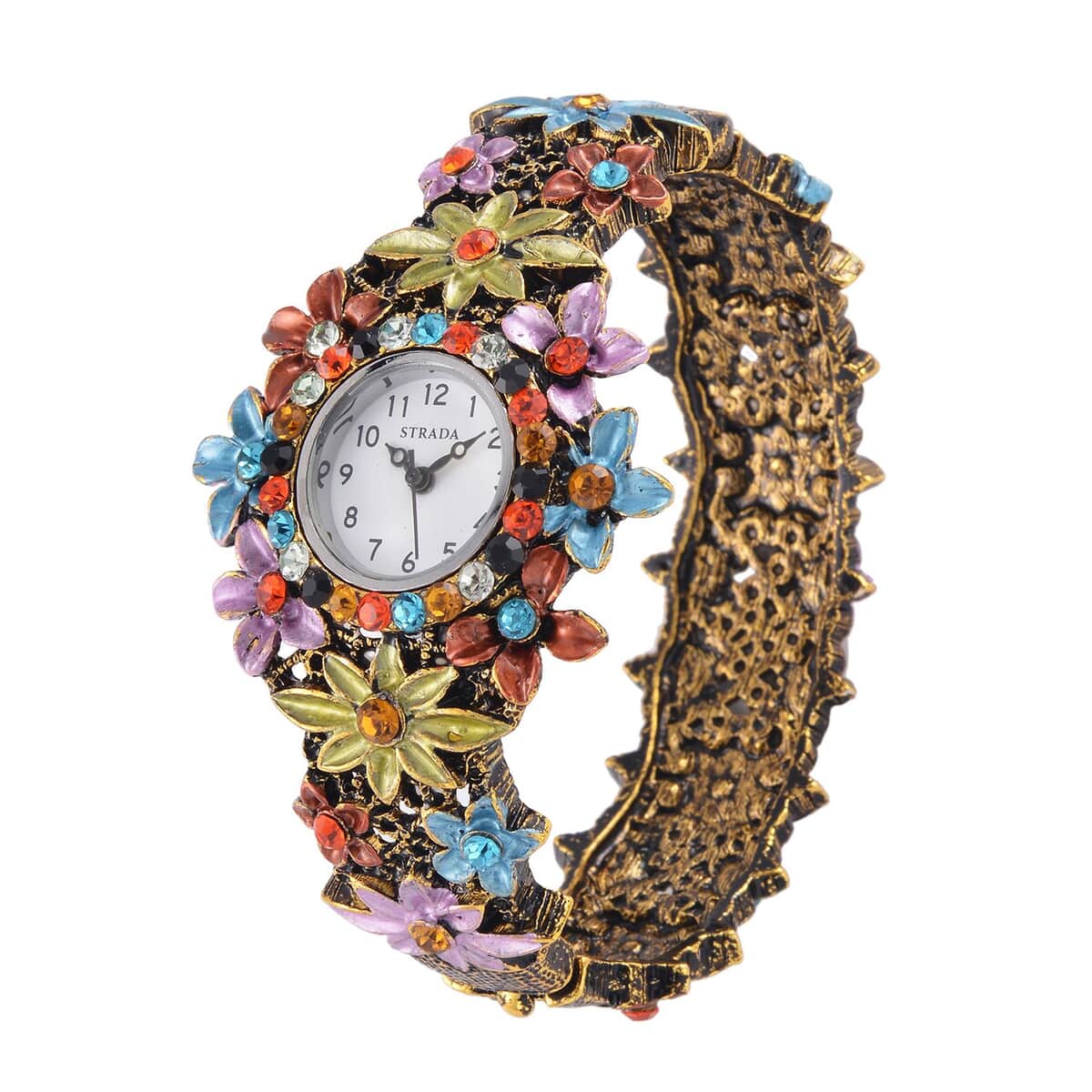 Strada Multi Color Austrian Crystal Japanese Movement Flower Pattern Bangle Watch in Black Oxidized Bronze Plating (39.37 mm) (6.50-6.75 Inches) image number 3