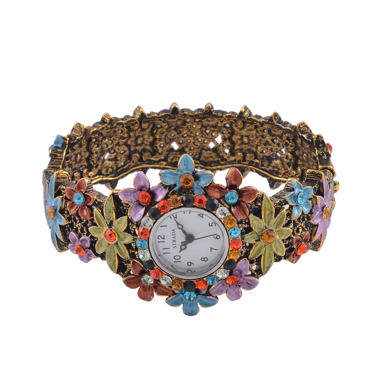 Strada Multi Color Austrian Crystal Japanese Movement Flower Pattern Bangle Watch in Black Oxidized Bronze Plating (39.37 mm) (6.50-6.75 Inches) image number 4