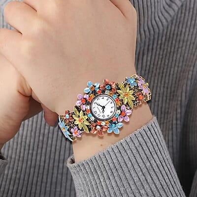 Strada Multi Color Austrian Crystal Japanese Movement Flower Pattern Bangle Watch in Black Oxidized Bronze Plating (39.37 mm) (6.50-6.75 Inches)