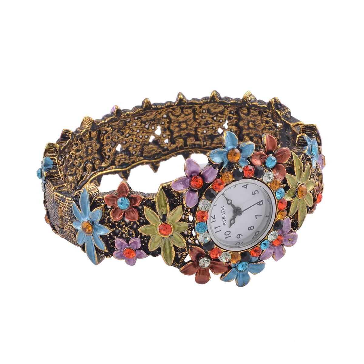 Strada Multi Color Austrian Crystal Japanese Movement Flower Pattern Bangle Watch in Black Oxidized Bronze Plating (39.37 mm) (6.50-6.75 Inches) image number 5
