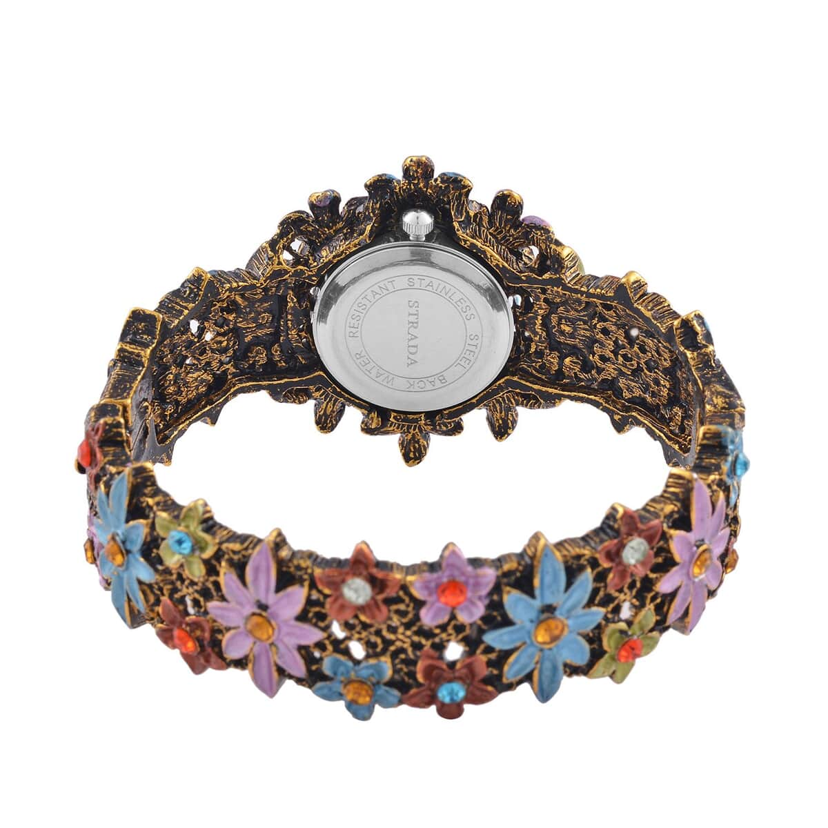 Strada Multi Color Austrian Crystal Japanese Movement Flower Pattern Bangle Watch in Black Oxidized Bronze Plating (39.37 mm) (6.50-6.75 Inches) image number 6