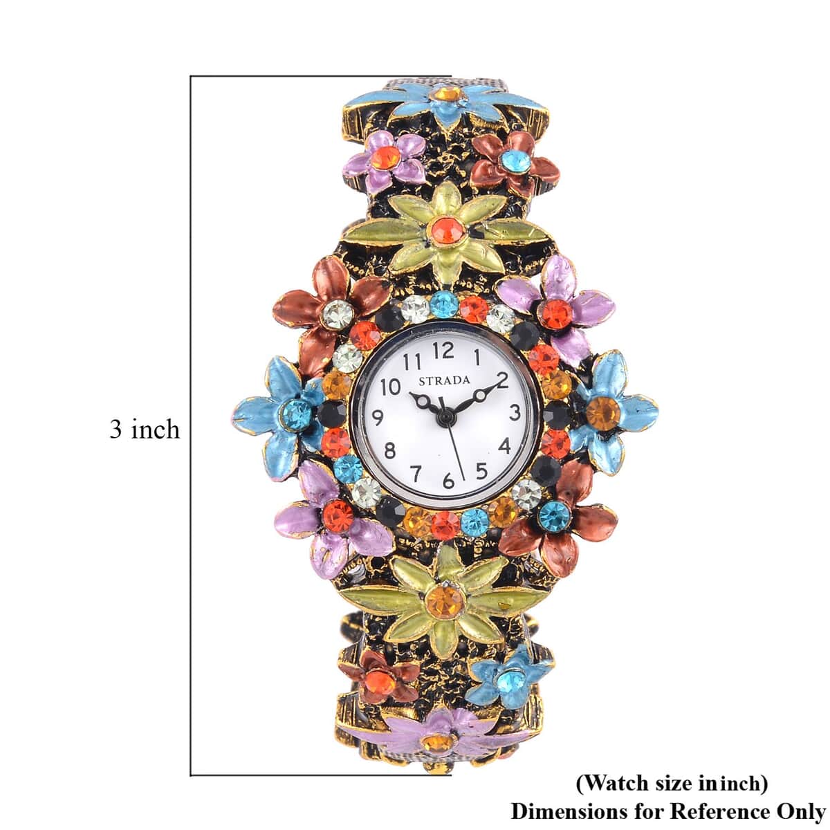 Strada Multi Color Austrian Crystal Japanese Movement Flower Pattern Bangle Watch in Black Oxidized Bronze Plating (39.37 mm) (6.50-6.75 Inches) image number 7
