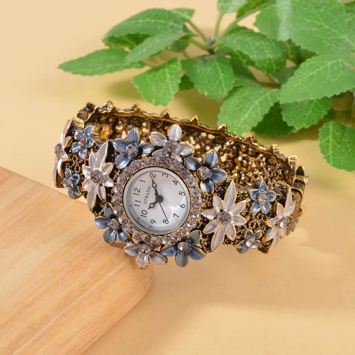 Strada Gray Color Austrian Crystal Japanese Movement Flower Pattern Bangle Watch in Black Oxidized Bronze Plating (39.37 mm) (6.50-6.75 Inches) image number 1