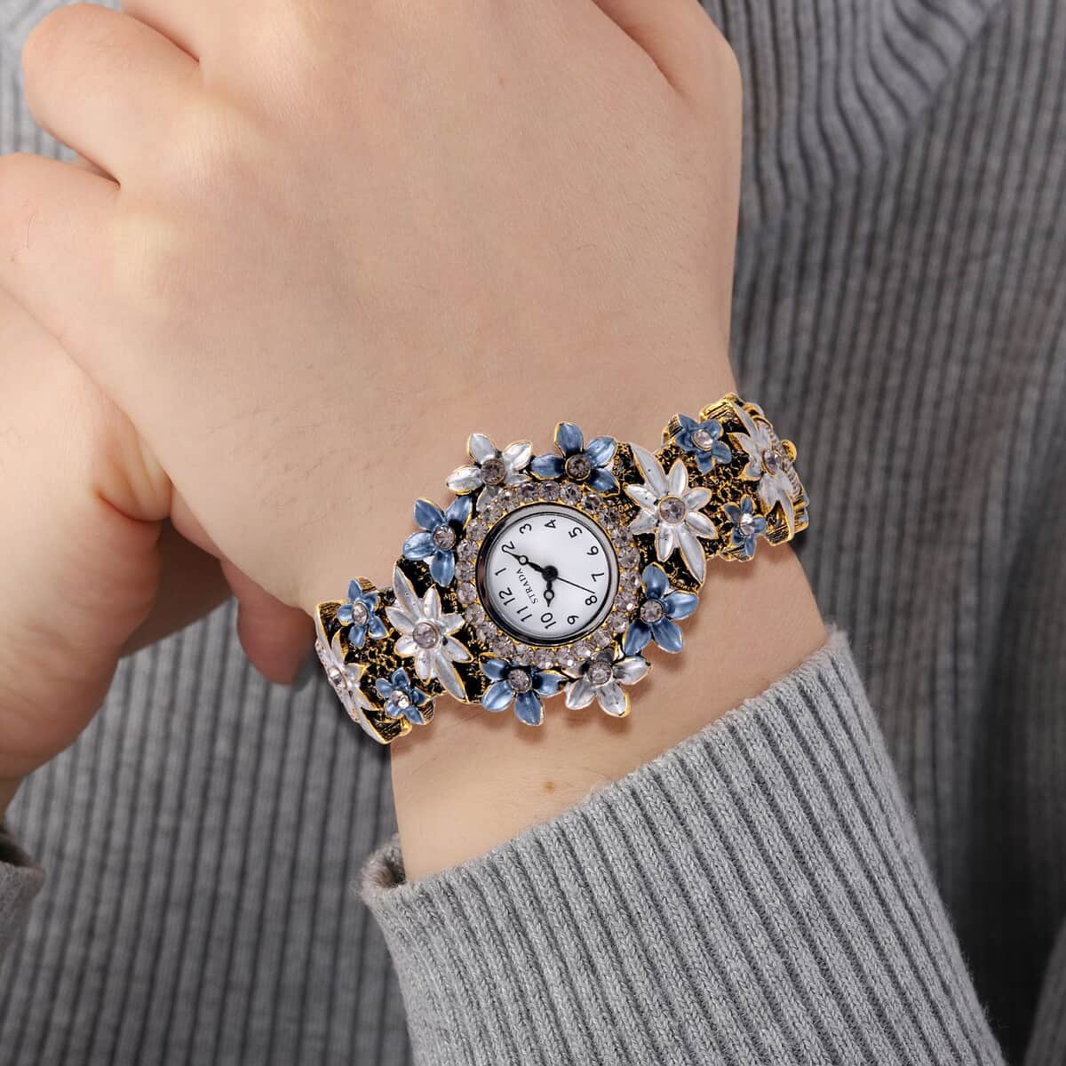Strada Gray Color Austrian Crystal Japanese Movement Flower Pattern Bangle Watch in Black Oxidized Bronze Plating (39.37 mm) (6.50-6.75 Inches) image number 2