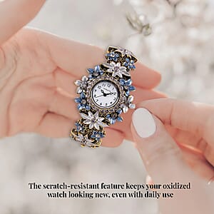 Strada Gray Color Austrian Crystal Japanese Movement Flower Pattern Bangle Watch in Black Oxidized Bronze Plating (39.37 mm) (6.50-6.75 Inches)